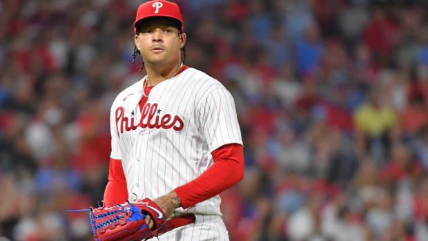 Aug 28, 2023; Philadelphia, Pennsylvania, USA; Philadelphia Phillies starting pitcher Taijuan Walker (99) walks off the field against the Los Angeles Angels during the sixth inning at Citizens Bank Park. Mandatory Credit: Eric Hartline-USA TODAY Sports